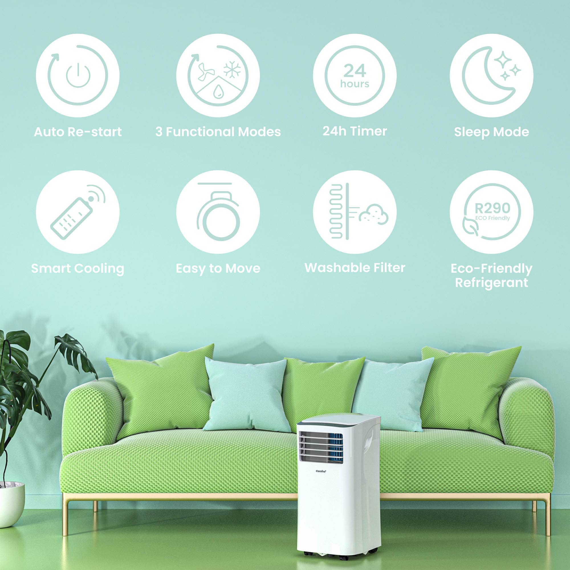 COMFEE' Climatiseur Mobile 9000 BTU/h 2,6kW, 3-EN-1 Refroidisseur Déshumidificateur Ventilateur, Fonction Follow me, Minuterie, Mode nuit, Pour salon et maison de 33㎡/88m³, MPPH-09CRN7, R290