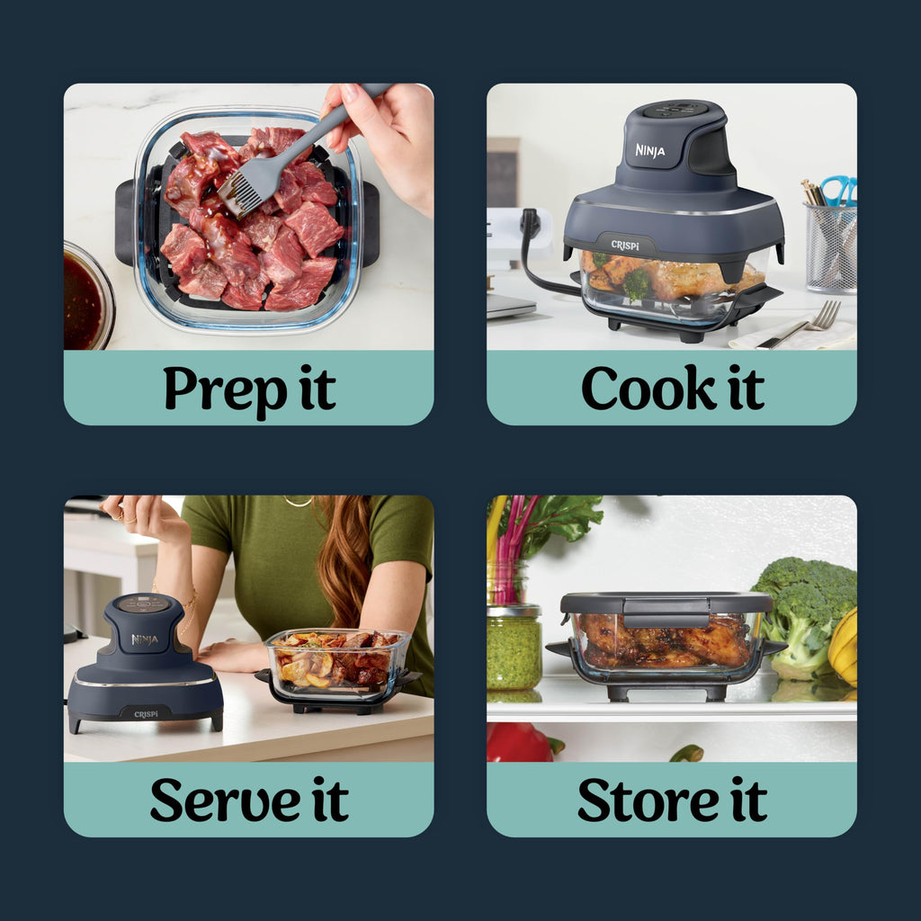 Ninja Crispi 4-in-1 Portable Glass Air Fryer Cooking System, 1500W, 4QT & 6-Cup TempWare Glass Containers with Storage Lids, Microwave, Freezer & Dishwasher Safe, Cyberspace Gray, FN101GY