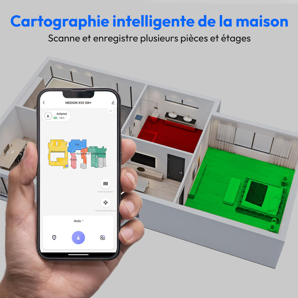 MEDION Robot aspirateur avec Station 3-en-1, Navigation Laser et Fonction serpillère X55 SW+ (Puissance d’Aspiration 10.000 Pa, brosses rotatives, Las