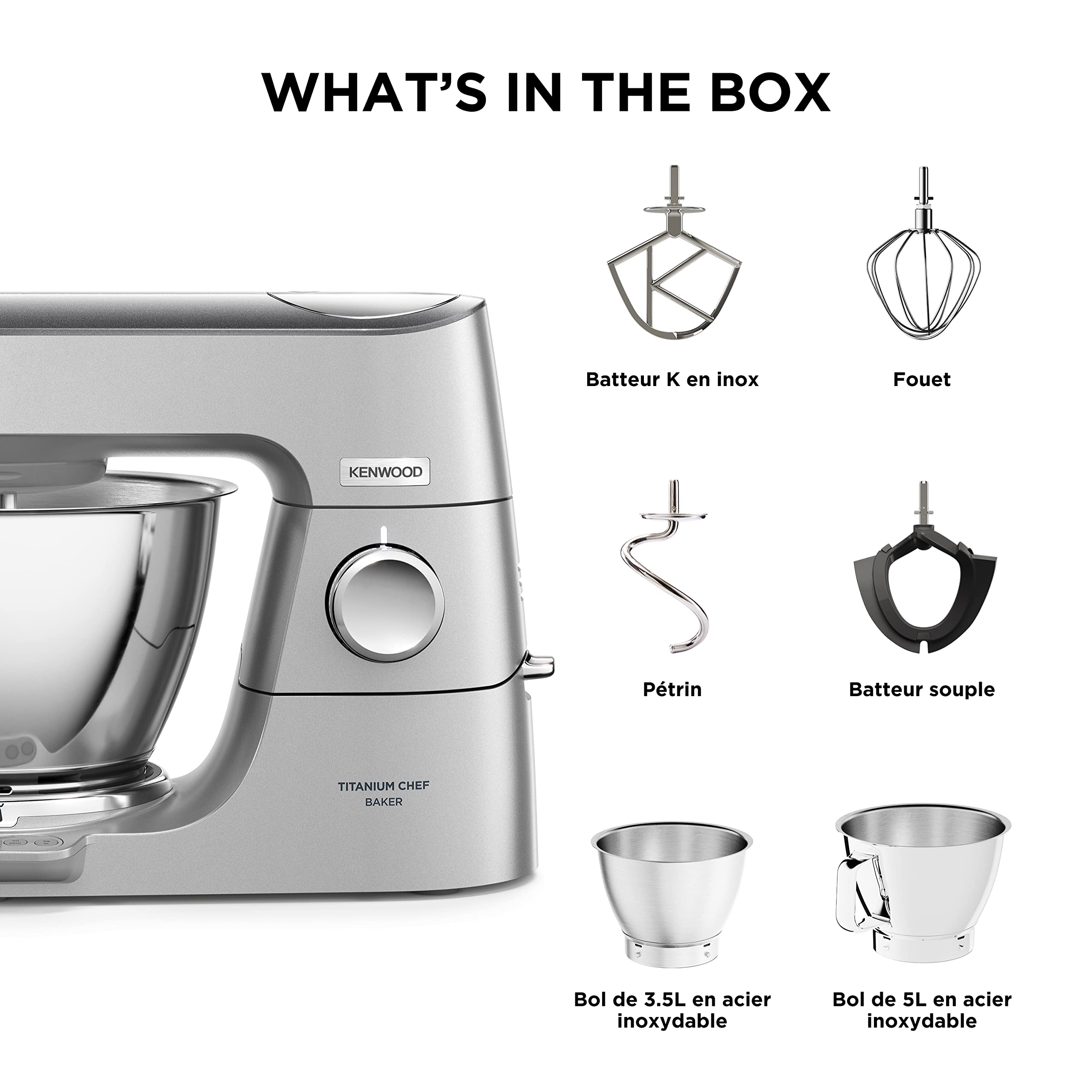 Kenwood Titanium Chef Baker KVC85.004SI Robot Patissier avec Balance Intégrée, Inclus Ensemble Pâtisserie 3 Pièces, Bol de Mélange de 5L et 3.5L, Régulateur de Vitesse Progressif, 1200W, Argenté