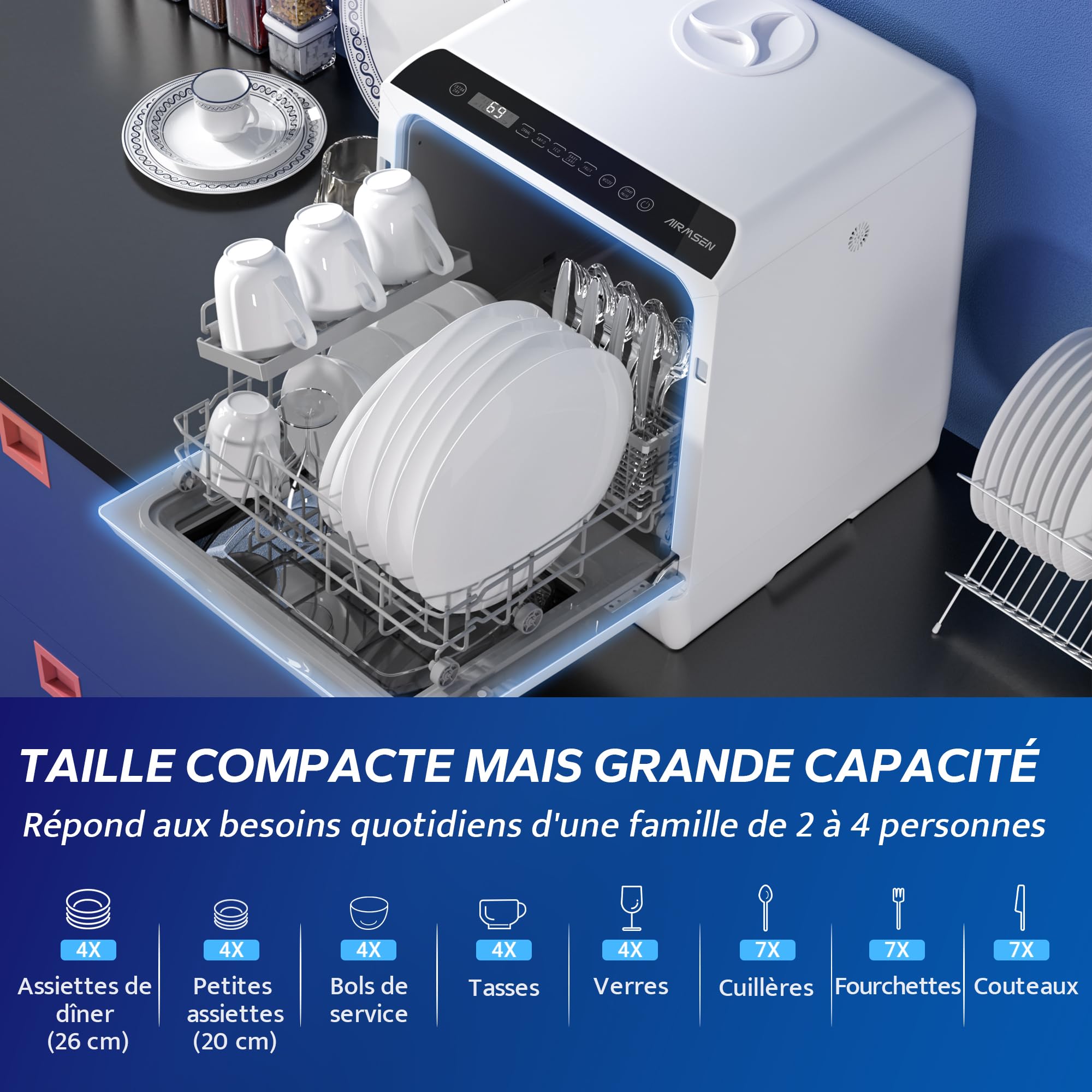 AIRMSEN Mini Lave-Vaisselle de Comptoir, 5+1 Programmes, Réservoir d'Eau de 5L, Contrôle Tactile et Écran LED, Adapté pour les Cuisines Familiales, Appartements et Dortoirs, Blanc et noir