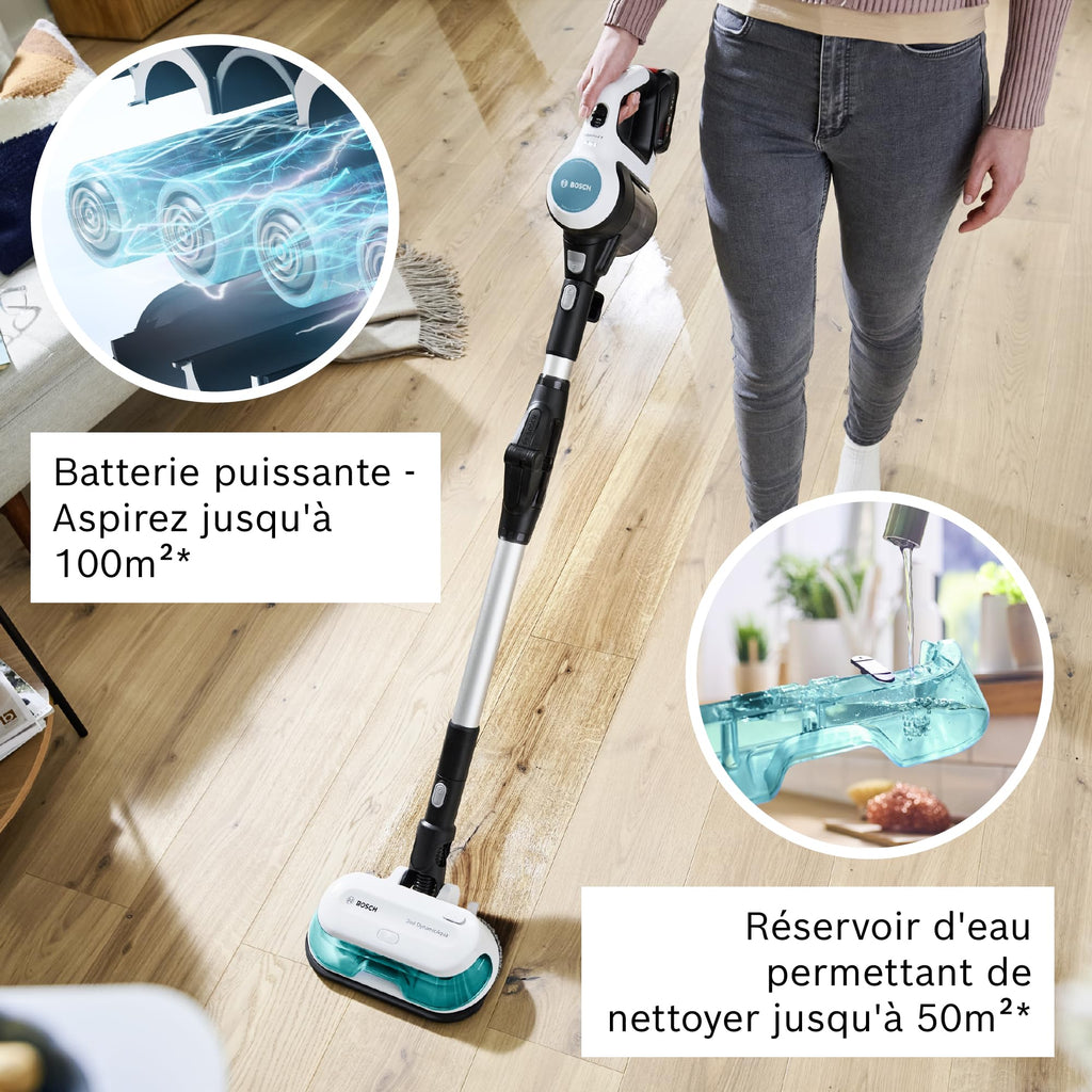 Bosch, aspirateur sans Fil 2 en 1, Unlimited 7 ProHygiène, Brosse Aqua 2 en 1, la Brosse motorisée AllFloor DynamicPower, Blanc, BCS71HYG2