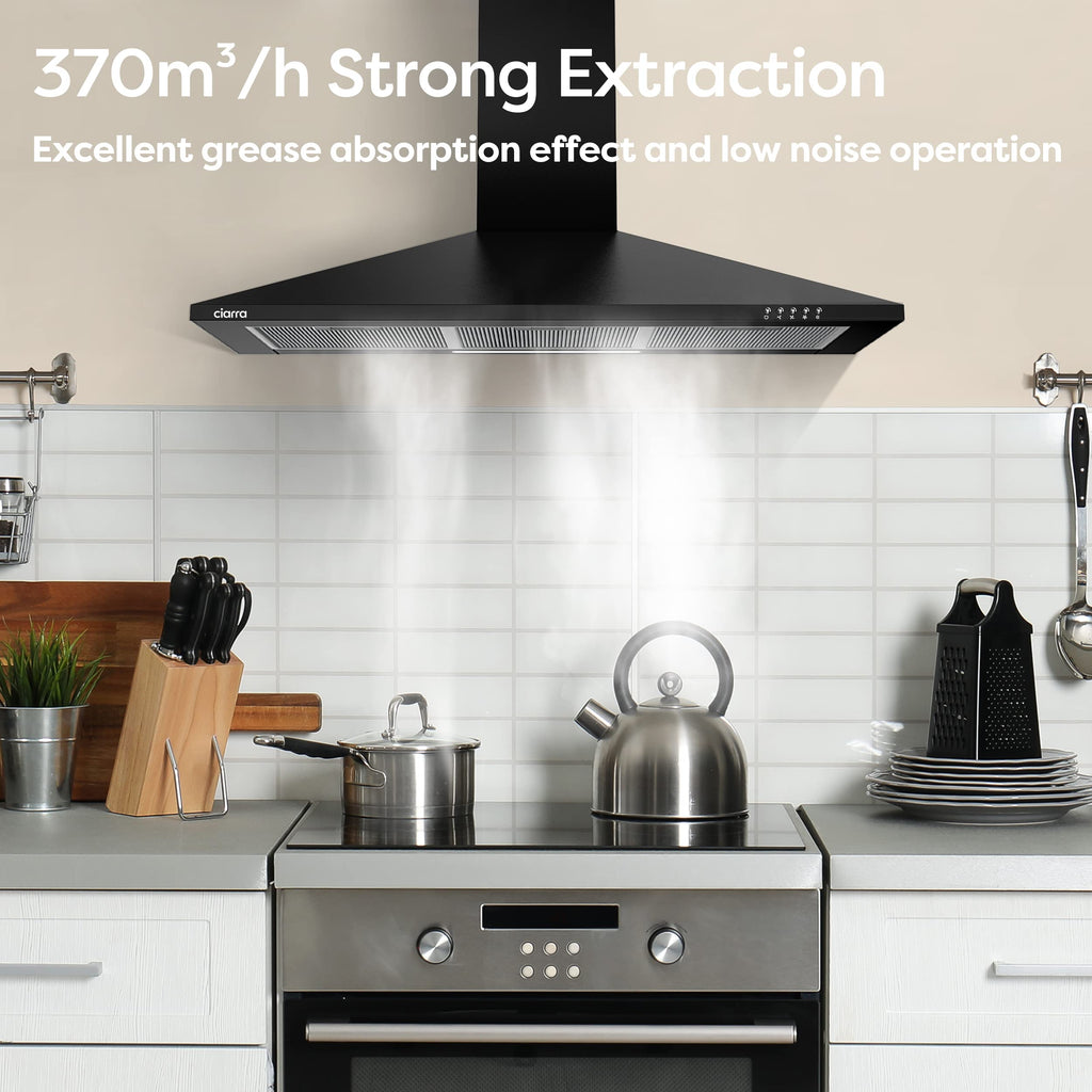 Ciarra CBCB9201 Hotte Aspirante 90 cm - Classe A++ - 370m³/h - 3 Vitesses - Recyclage ou Evacuation - Cheminée Extensible - Filtres à Charbon INCLUS - Noir