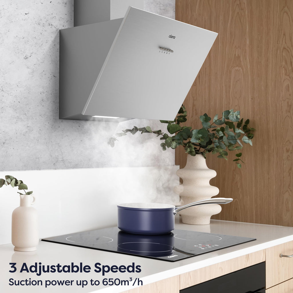 Ciarra Hotte Aspirante Inclinée 60cm - Classe A+++ - 650m³/h - Hotte de Cuisine 3 Vitesses - Filtres à Charbon Inclus - Evacuation ou Recyclage - Inox