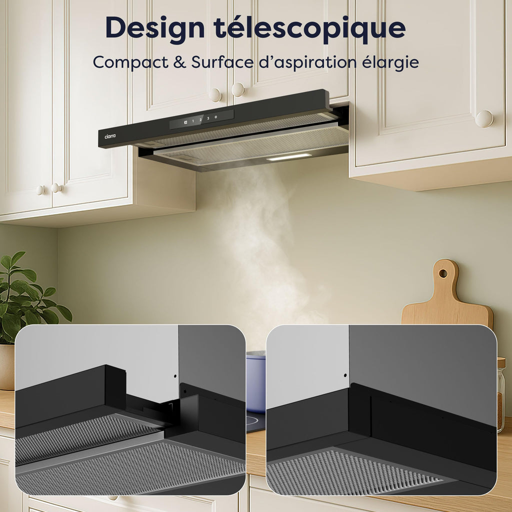 CIARRA CBCB6909A Classe A+ Hotte Télescopique Encastrable 60 cm 600 m³/h, Commande Tactile, 3 Vitesses, Recyclage & Evacuation, Filtre à Charbon CBCF055 Inclus, Noire