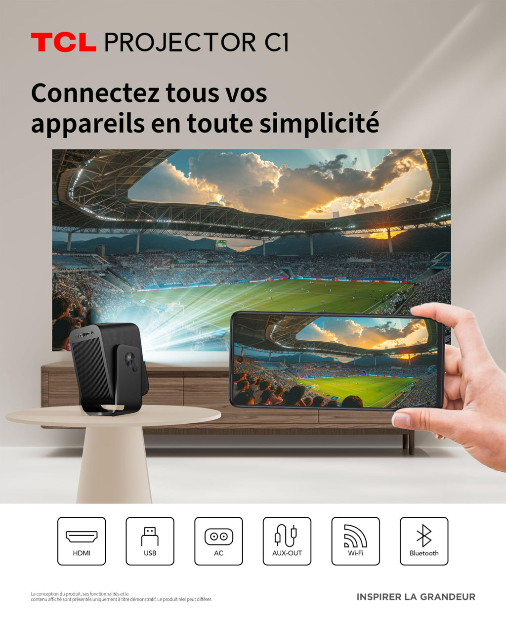 TCL C1 Videoprojecteur 4K Compatibilité, Natif 1080P, Audio Dolby 8 W, Netflix Certifié, Smart Google TV Intégré, Auto Focus/Keystone, Wi-FI Bluetooth, Pivotant à 285° Mini Projecteur Video Portable