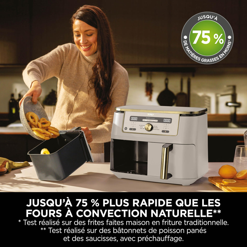 NINJA Dual Zone Max Air Fryer 2 Compartiments, Capacité Familiale de 9,5L, Max 240°C, Air Fryer 6-en1, Pièces Antiadésives Amovibles Lavables Au Lave-Vaisselle, Stone/Or DZ400EUSTGD