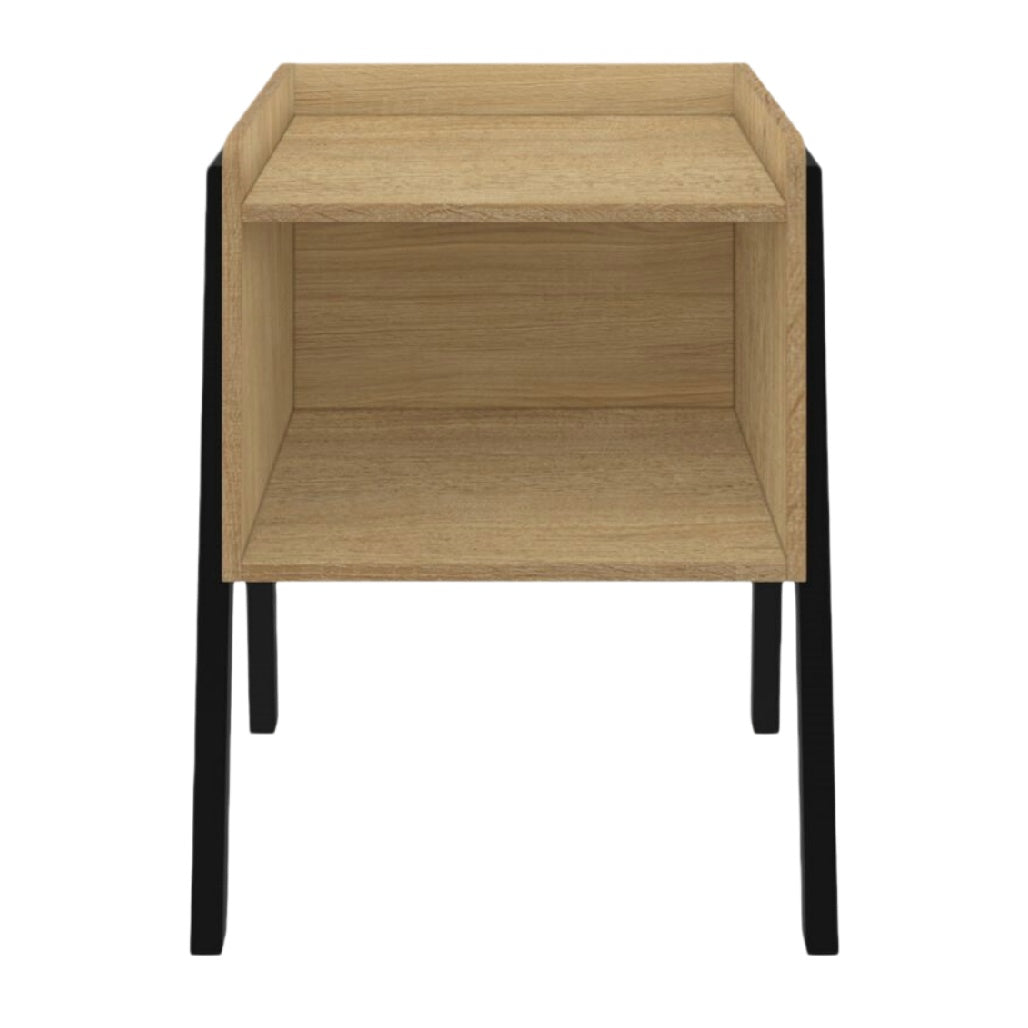Table de nuit en bois clair avec support en métal noir