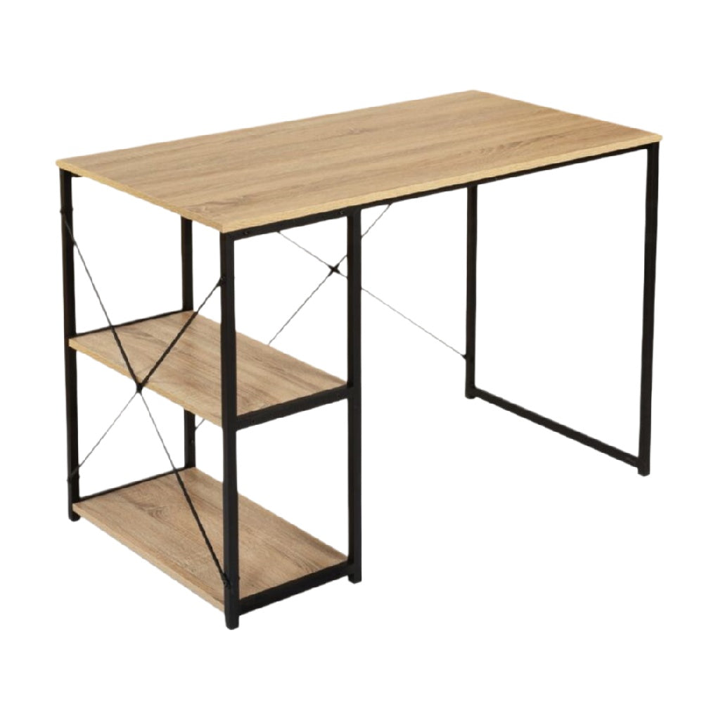 Bureau moderne en bois avec étagères ouvertes et structure en métal noir