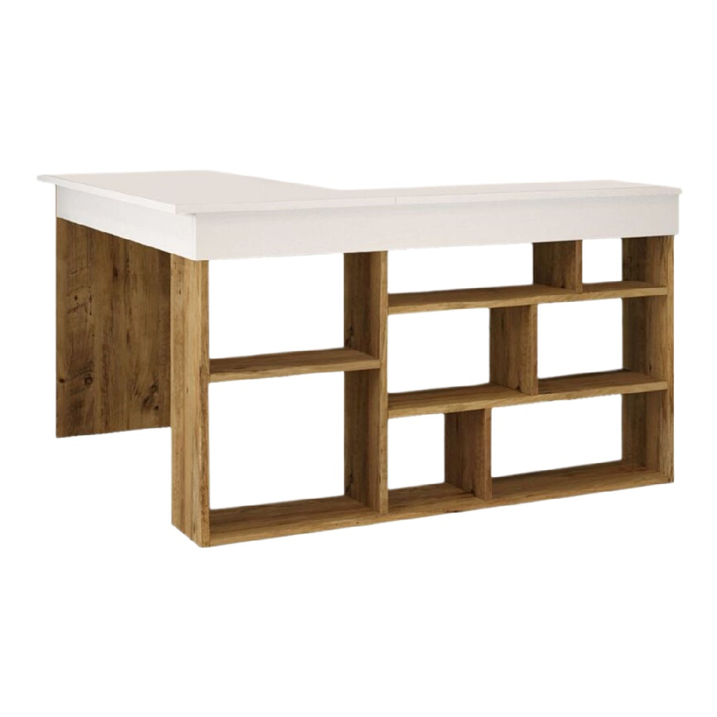Bureau d'angle en bois avec étagères ouvertes - Design moderne et fonctionnel