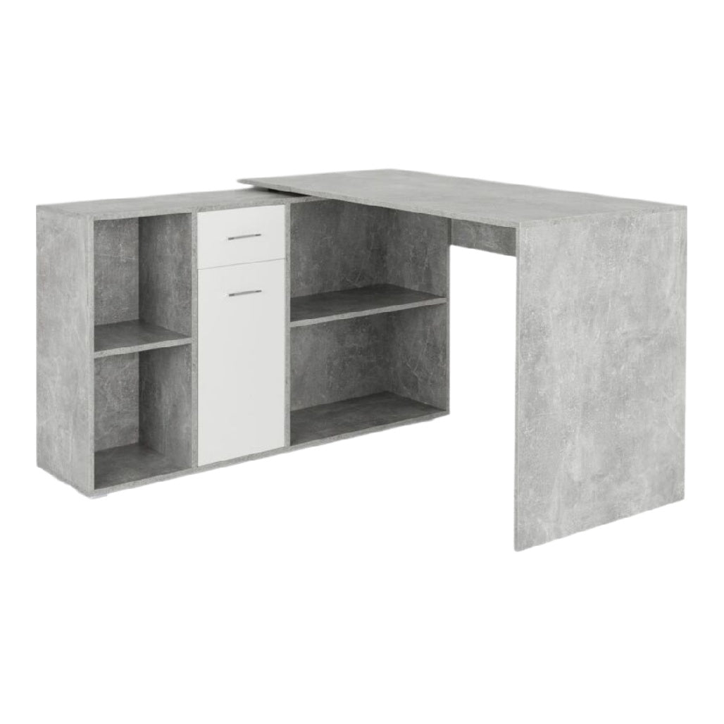Bureau d'angle moderne en béton polyuréthane avec rangement intégré en blanc.