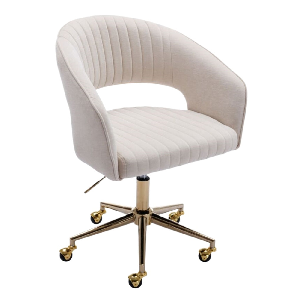 Chaise de Bureau Moderne Rembourrée en Velours Beige avec Base en Acier Inoxydable doré