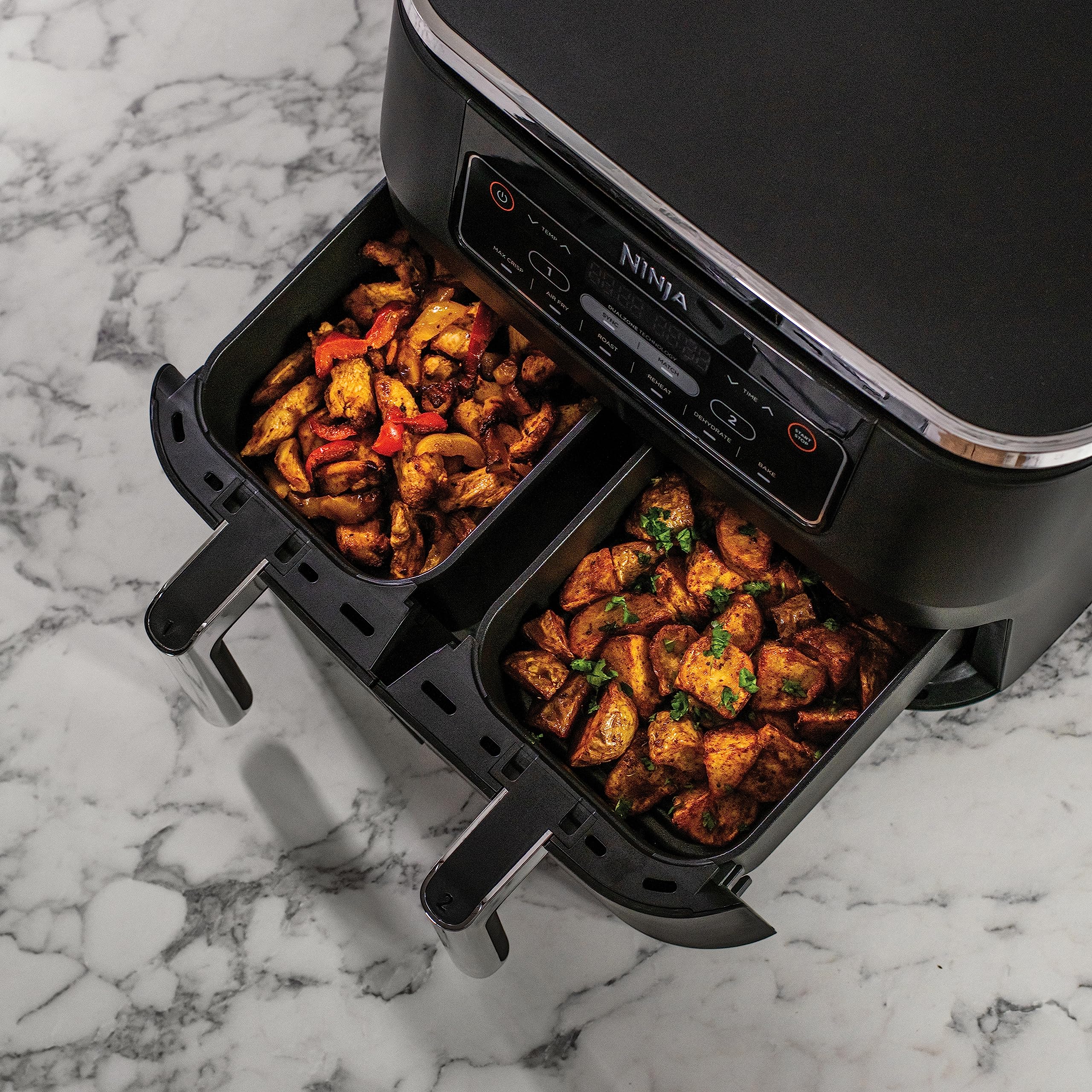 NINJA Foodi DualZone Air Fryer 2 Compartiments, 2 Zones de Cuisson Indépendentes, Capacité 7,6L, Air Fyer 6-en-1, Max 240°C, Pièces Antiadhésives Amovibles lavables au lave-vaisselle, Noir AF300EU
